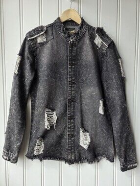 D&W Exclusive Fashion Distressed Button Up Acid Wash Jacket Grunge Punk Medium